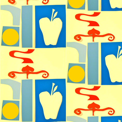A close up of a Sally Harmon design with squiggly red lines and pieces of blue paper with an apple cutout on a light yellow background.