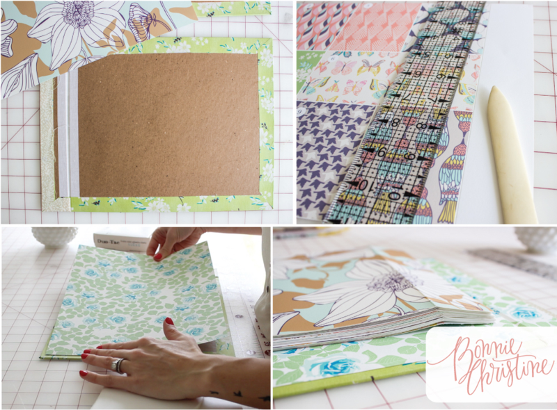 Four images are put together in a 2x2 grid. The top left image has a piece of cardboard cut into a rectangle and laid on a table. The top right image shows small prints by Bonnie, including small origami cranes, pastel tassels, pastel butterflies on a piece of paper with a ruler on top of it. The bottom left image shows two hands placing a piece of paper with blue flowers surrounding by green leaves on top of another piece of paper. The bottom right image shows the same top piece of paper with the blue flowers and green leaves, with a stack of paper on top of it, with a print with a light brown background with white flowers outlined in brown and mint green leaves. 
