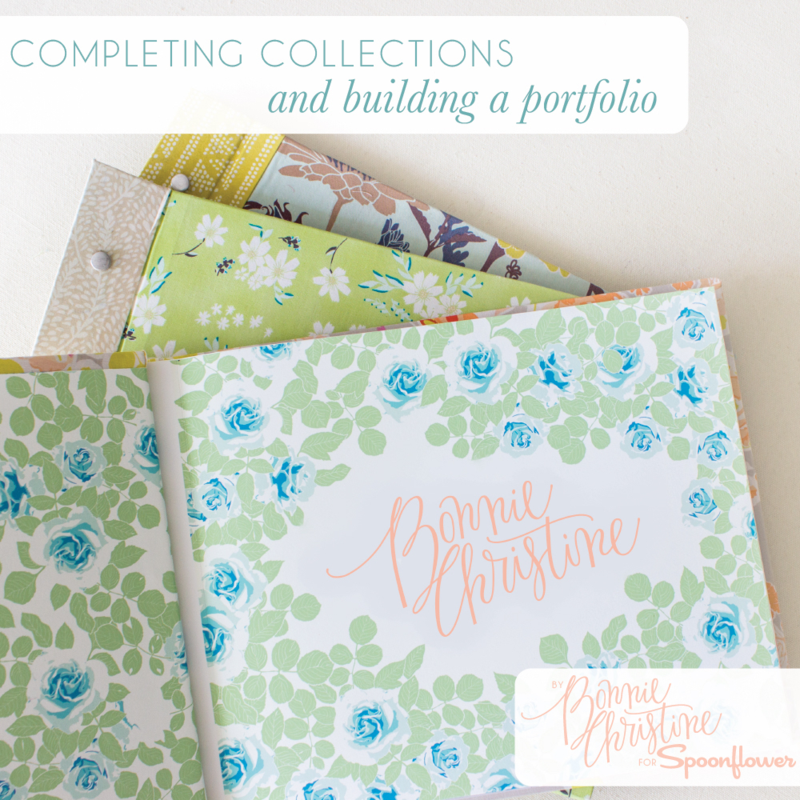 The text at the top of this image says "Completing collections and building a portfolio." Several books are stacked on top of one another, all with hand-drawn flowers on the cover. The top book is open to the front page which has blue flowers with green leaves all over it except for a section that has a white background, where the name "Bonnie Christine" is written in pink cursive font. 