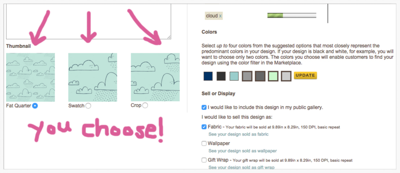 A screenshot of thumbnail options for a fat quarter, swatch or crop on the left. On the right, there are options for color choices as well is if you'd like to sell or display the design or have it be fabric, wallpaper or gift wrap. 