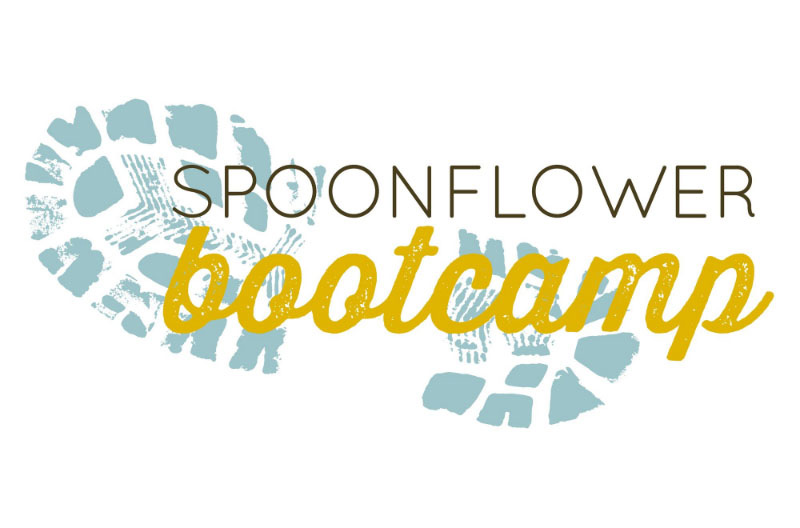 Spoonflower Bootcamp logo, featuring a light blue bootprint with the words "Spoonflower Bootcamp" layered on top. The word "Spoonflower" is in all caps black font. The word "bootcamp" is in yellow cursive. 