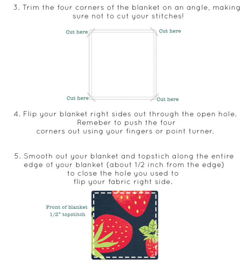 Blankets for good instruction image with four steps to creating your own blanket with two pieces of knit fabric.  