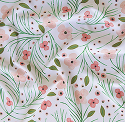 A whimsical floral design with wispy long green leaves and pink and rose flowers on a white background. 