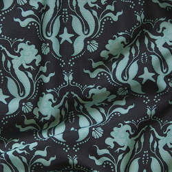 Groups of two teal mermaids repeat in rows on a black background