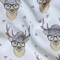 Brown deer with antlers wear black-and-white striped beanies and black-rimmed glasses on a light gray background. Small black-and-white triangles float throughout. 