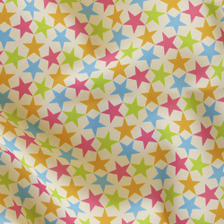 Green, orange, pink and blue stars float through a cream background. 