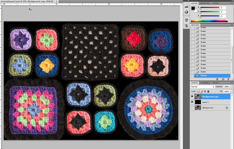 A screenshot of the scanned granny squares floating on a transparent background in Photoshop