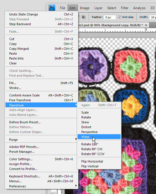 A screenshot of where the Transform tool can be found in Photoshop, under the Edit tab. 