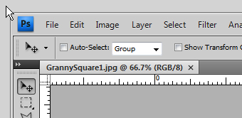A screenshot of Photoshop that shows the title of the image: GrannySquare1.jpg and the percent that is viewable, 66.7% and RGB/8