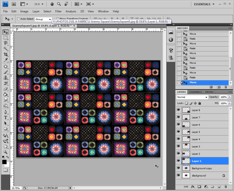 A screenshot of the scanned granny squares repeating in Photoshop
