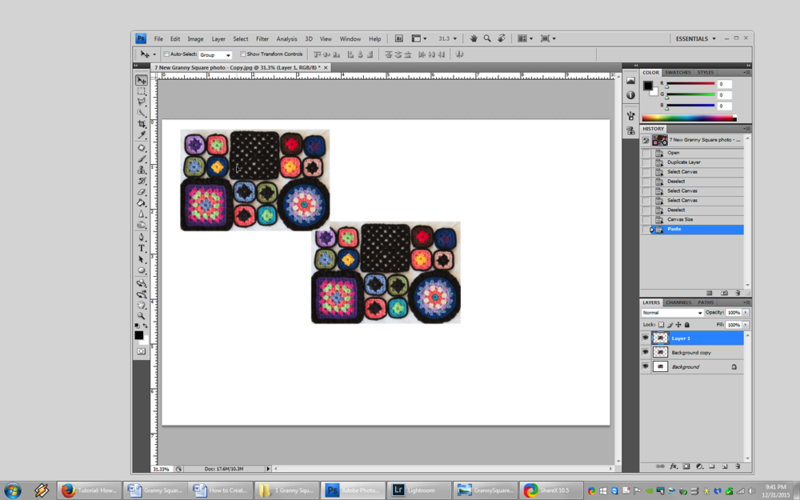 A view of a scan of the granny squares of varying sizes scanned into Photoshop view