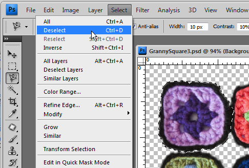 A screenshot of where the Deselect tool is in Photoshop under the Select tab. 