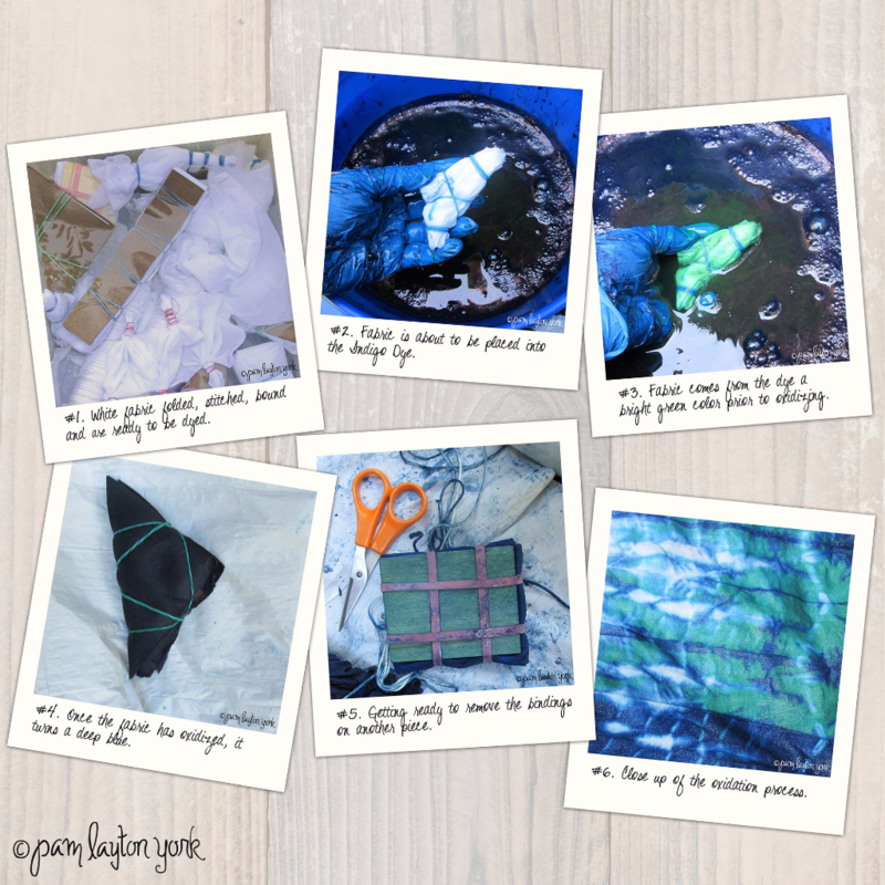 A collection of images made to look like Polaroid photos on a light wooden surface. The first images, at the top left is white fabric folded stitched and bound up ready to be dyed. The next image is white fabric ready to be placed in the blue dye, the fabric is being held above the dye bath. The next image is a photo of the fabric after it has been in the dye. It is green prior to oxidization. In the next row, starting on the left hand side is dark blue folded fabric, as the fabric is now blue due to oxidization. The next photo is additional fabric that has been through the dye bath next to scissors, which will cut off the bindings holding the fabric together. The last photo is a close up of the oxidization process, fabric with the bindings removed. Some of it is green, some of it is dark blue. 