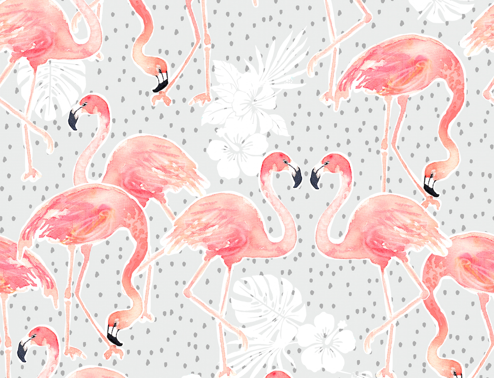 pink watercolor hand painted flamingos with gray doted background and monstera leaves, hibiscus flowers