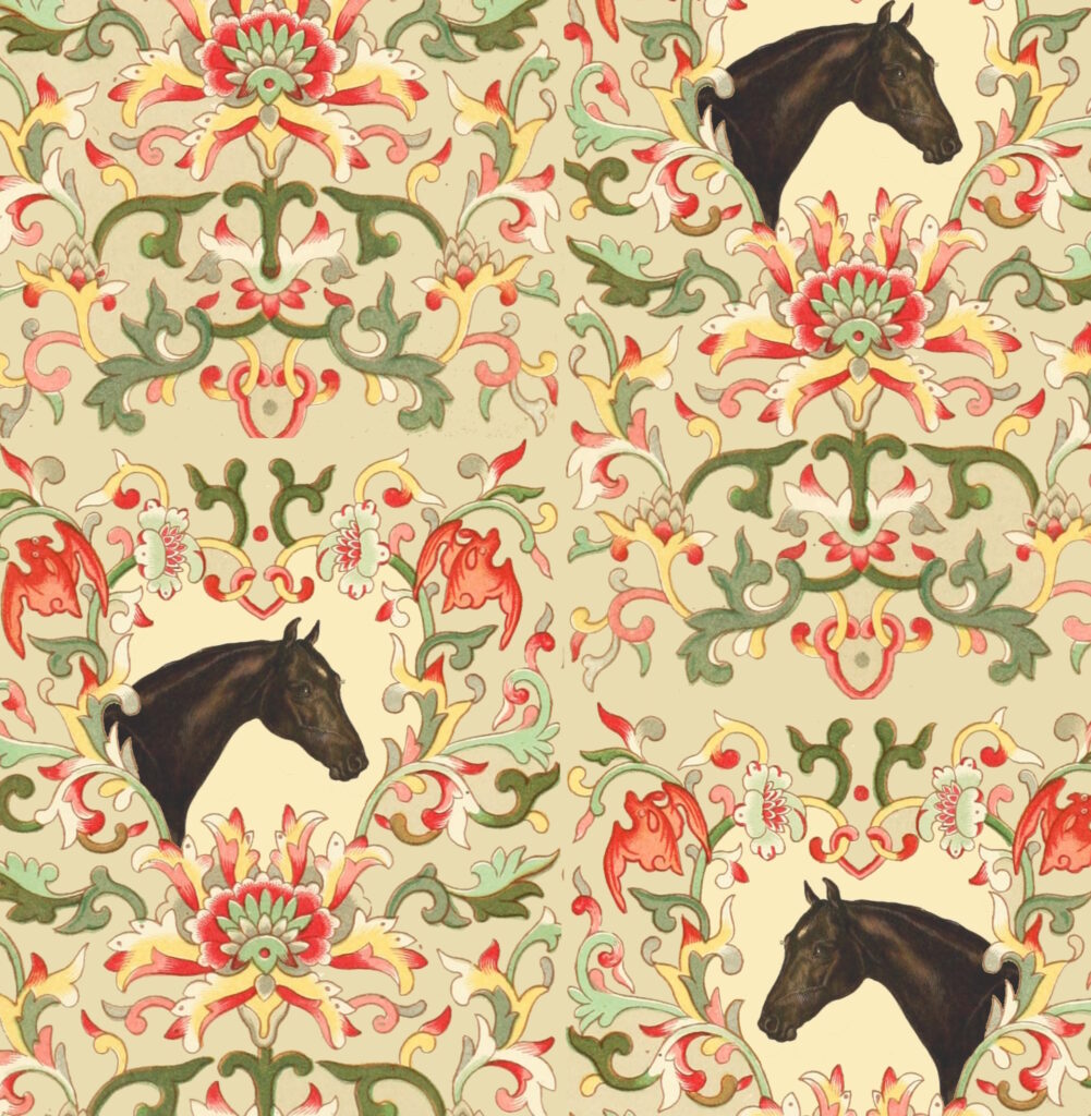 Red, yellow and green repeating design with brown horses and scrolling embellishments