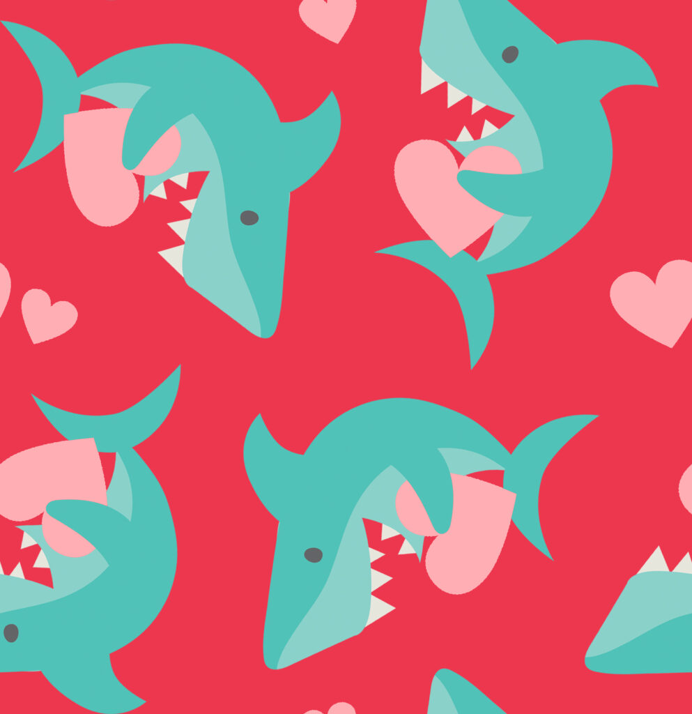 Illustration of turquoise sharks holding pink hearts against a red background