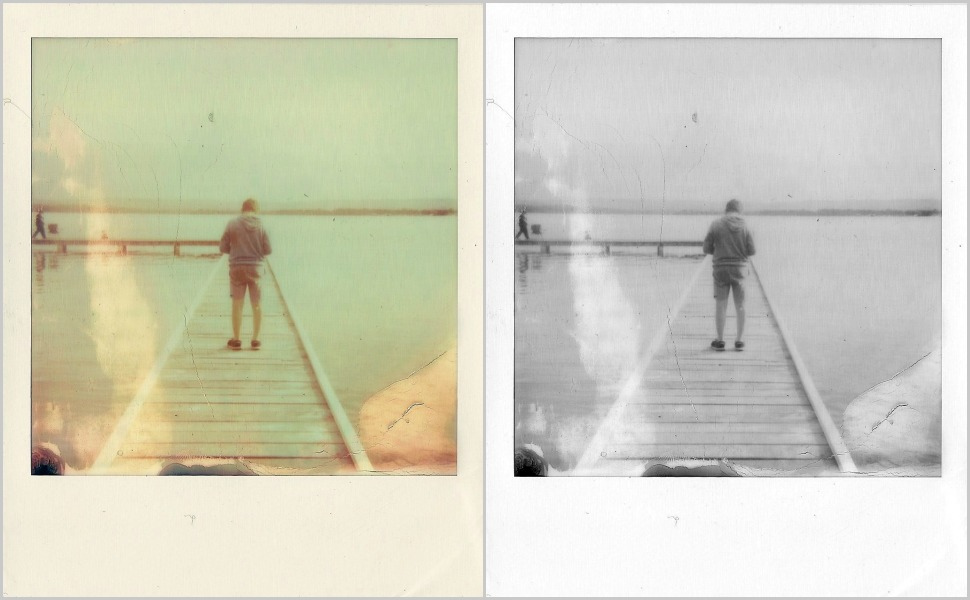 Two polaroid pictures, one in color, one in black and white of a man standing on a dock in the ocean