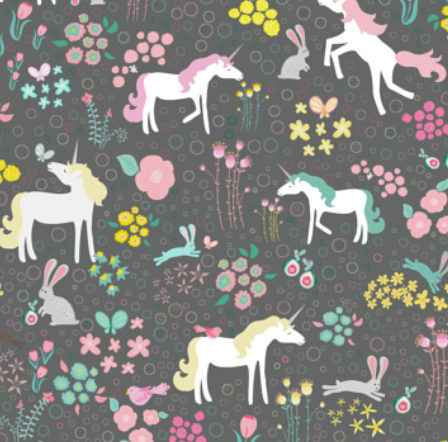 A design with a gray background with white-and-pastel unicorns and teal and gray bunnies roaming through a forest with pastel bubbles, flowers and trees. 