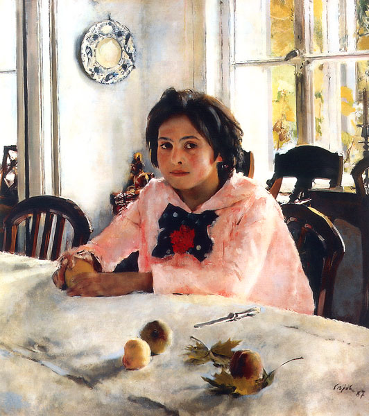 painting of a woman at a table with peaches wearing a pink blouse