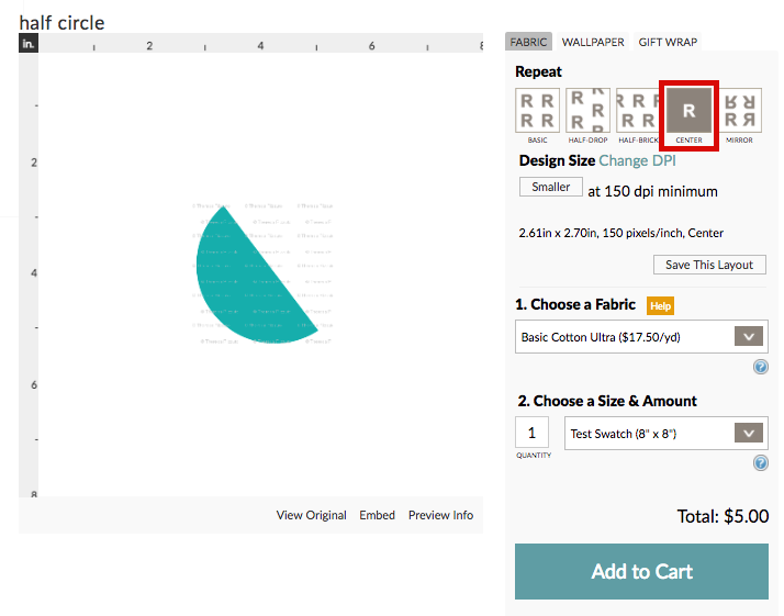 view of the design editing page with a blue half circle on the design canvas. blue add to cart button on the right side.
