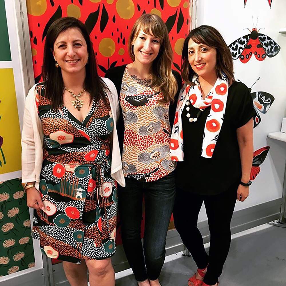 Photo of Allison Polish, Tara Reed and Misha Zadeh all wearing Spoonflower designs 