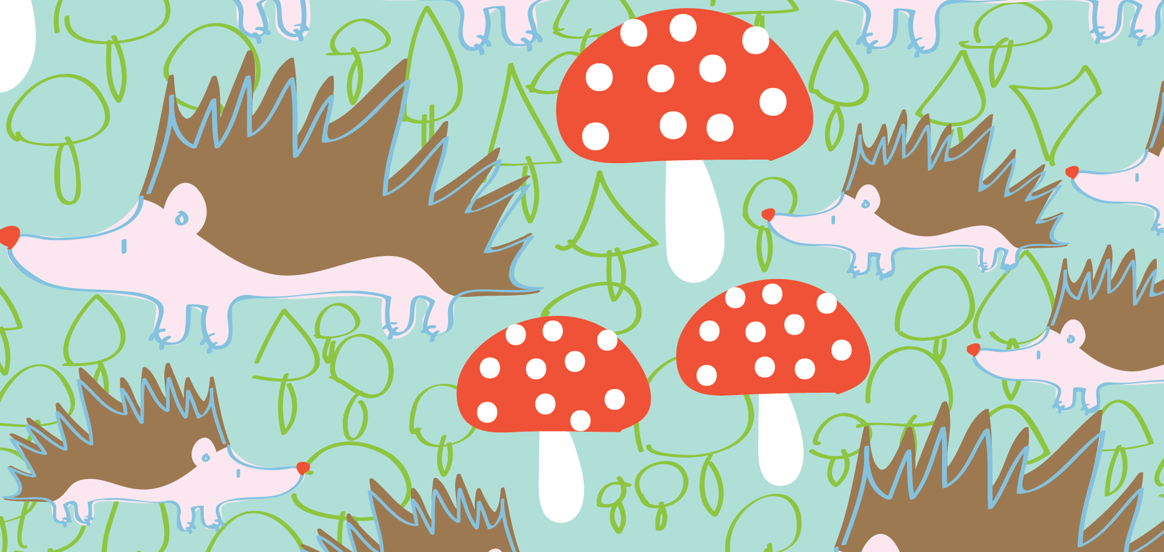 A design by Solvejg with hedgehogs with brown backs and white bodies, outlined in turquoise, small green outlined trees and red-capped mushrooms with white dots and white stems on a mint background 