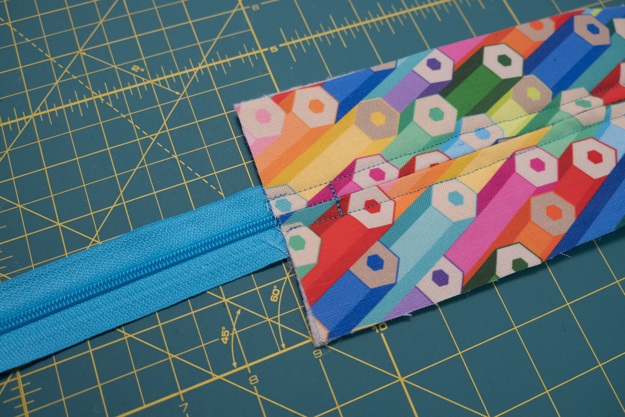 On the right side of the panel, mark and stitch across the ends of the zipper 1 inch in from both short edges | Spoonflower Blog