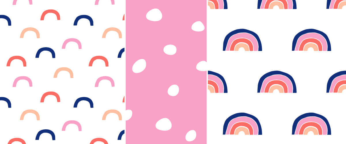 Left to right: Deconstructed Rainbow, Spots on Pink and Rainbows - Pink and Blue by littlearrowdesign