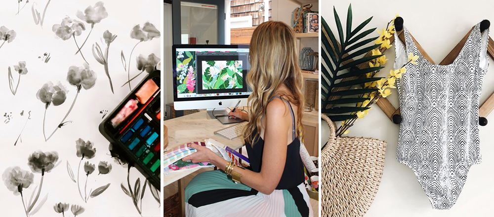 The image on the left has a white background and black watercolor flowers on stems. The middle image shows a person sitting at a computer with a floral design on the desktop. They are holding paint chip swatches in their left hand. On the right is a one-piece bathing suit with a white background and a repeating design with black arcs running through it. A wooden woven purse is hanging next to the bathing suit and a green palm frond and two sprigs of tall yellow flowers are coming out of it. 