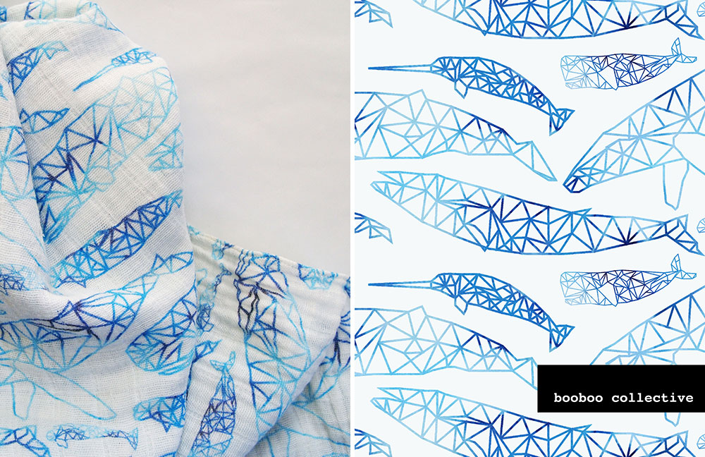 Two images of booboo_collective's "Spirits of the Deep" design. On the left is the image printed on fabric. On the right is a close up of the design, full of blue geometric whales and narwhals swimming on a white background. 
