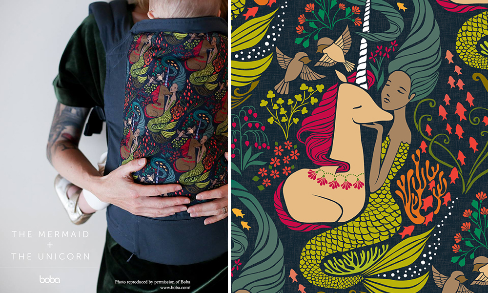Two images of Cecilia Mok's design "The Mermaid + the Unicorn." On the left, an infant is resting in a front carrying pouch with the design on it. The toros and right arm of the person carrying the infant are showing. On the right is a close up of the design, which features a green-haired mermaid, touching the underside of the muzzle of a beige unicorn with a white horn and magenta mane and tail. Brown birds are flying above the mermaid and there are flowers to the left of them and sea flora and fauna to the right. 