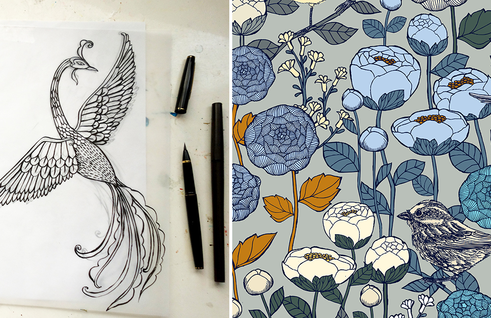 A design in progress by Cecilia Mok of a black peacock on the left. On the right is a design with a gray background and large blue flowers in several shades of blue. There are also some small cream blowers and a small black-and-white bird in the bottom lefthand corner. 