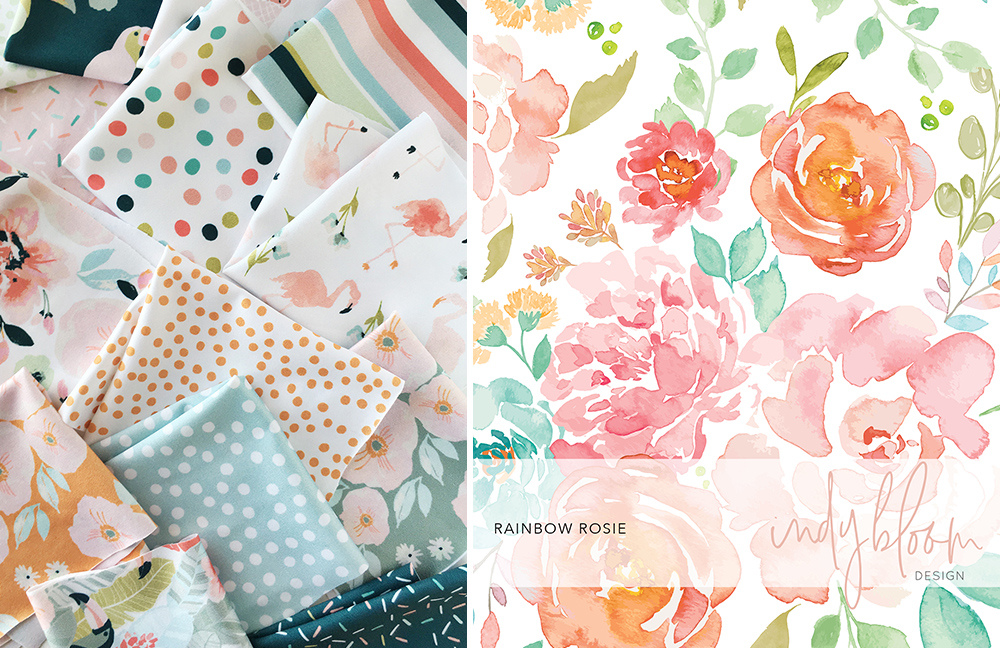 Two images of @Indybloomdesign's prints. On the left, squares and paper featuring a host of colorful pastel designs, from dots to flamingos to flowers. On the right, a close up of the "Rainbow Rosie" pattern, which is full of pink and orange watercolor roses and small green leaves. 