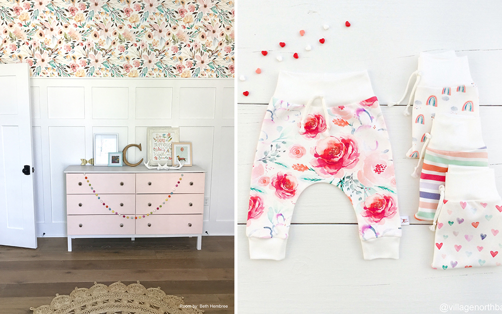 Two images with Mindy's designs. On the left is a floral wallpaper on the top part of a white wall. There is a pink dresser underneath, with small knickknacks and framed colorful illustrations on top of it. On the right, are four pairs of small children's pants. The pair on the left image is shown laid out in full, and is cream with bright pink watercolor flowers. The three pairs of pants to the right are folded so that you can only see parts of them. One pair has small rainbows, one pair has brightly colored thick stripes and one pair has small bright watercolor hearts. 
