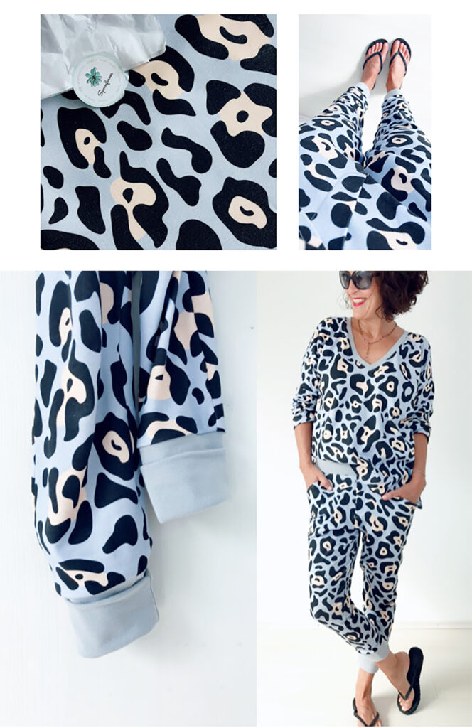 Photographs of Michelle Aitchison's pattern Tribal Textured Leopard print made up into a matching PJ set. The design has a light blue background with a white-and-black leopard print. 