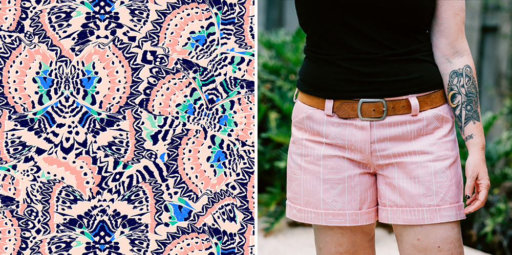 On the right is a closeup of Michelle's Butterfly Kaleidoscope Jumbo pattern, which has pink butterflies all a jumble that have touches of green and blue on them too. On the right is the torso of a person wearing a black top, brown leather belt and pink shorts that have Michelle's Mudcloth Medium print on them, which has small white markings on the design. 

