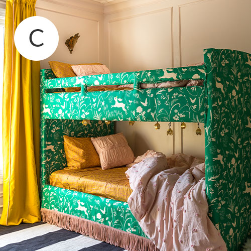 Whimsical green bunny fabric upholstered bunk bed | Spoonflower Blog 