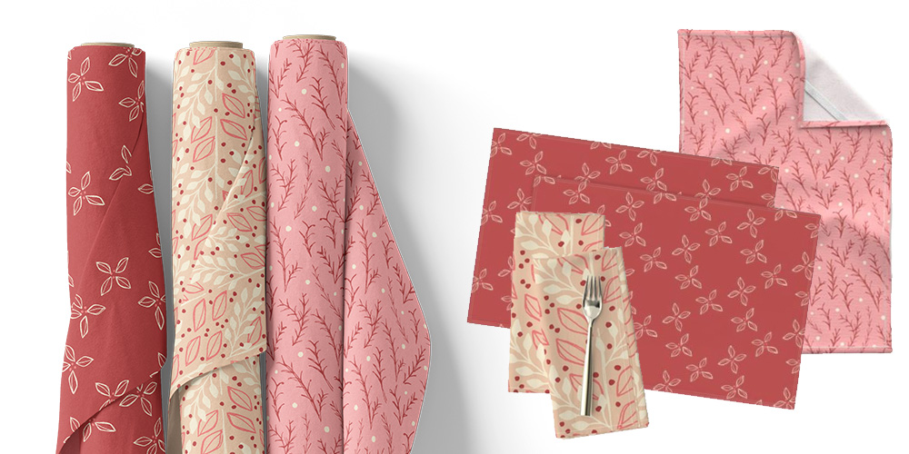 A fabric roll mockup and Spoonflower home decor products made featuring Kristina's Sweet Winter Wishes Collection | Spoonflower Blog 