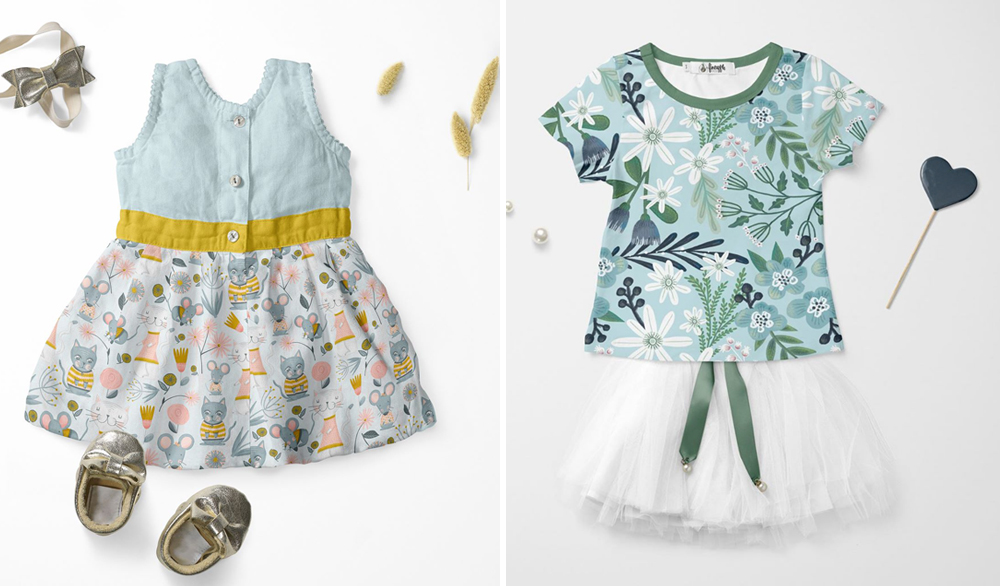 Left image: Jenica and Danielle's design "Cats in the Garden" as seen on the lower half of a small dress with a yellow band around the waist and a light blue sleeveless top. Small shiny silver shoes are seen under the dress. The "Cats in the Garden" design has small gray cats wearing yellow and orange sweaters repeating on a white background with gray mice with pink ears wearing pink sweaters with dark orange dots and white cats wearing pink dresses with orange neckbands and lower edges are white dots. Pink flowers and gray flowers also float around the design. Right image: Jenica and Danielle's Blue Mini Garden shown on a t-shirt with a green neckline over a white tulle skirt with a green ribbon at the waist. A navy heart on a stick is shown at the right. The design has a light blue background with white flowers and navy flowers in varying sizes repeated throughout on green stems.