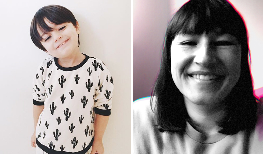 Left image: A small child is wearing one of Claudia Soria's designs, Black Cactus, on a short-sleeved t-shirt. The shirt is white with black fabric around the bottom edge, neckline and cuff. Black cacti with white dots of varying sizes float through the design. Right image: A headshot of Claudia Soria. There is  a hot pink highlight of light on the right side of Claudia's head. 
