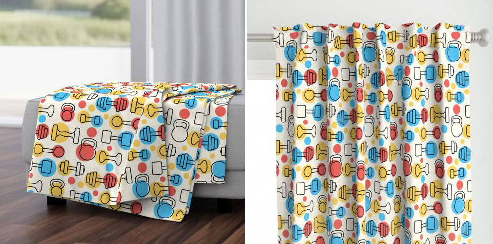 Vilmos's design Fit Spots as it would appear on a blanket and a curtain. The design has barbells and kettle bells outlined in black with polka dots in yellow, blue and red popping through a cream background.