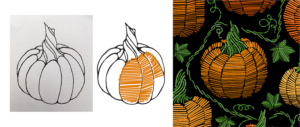 Allison's design Patch in Stitch in progress at the left and the design as finished on the right. The in progress photo shows a handdrawn pumpkin in black with a twisty stem. Next to it is the same pumpkin with orange lines, as if they are stitches, drawn on a few sections of the pumpkin. The image on the right is the repeating design on a black background with all the lines drawn all over the pumpkin, orange for the pumpkin itself and green for the stem and the vine growing from it. 
