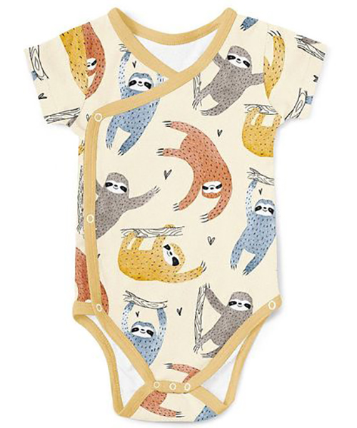 Daria's Sloths of Love design as seen on a one-piece romper. The design has a cream background and brown, blue, yellow and orange sloths, each holding on to a piece of tree branch.
