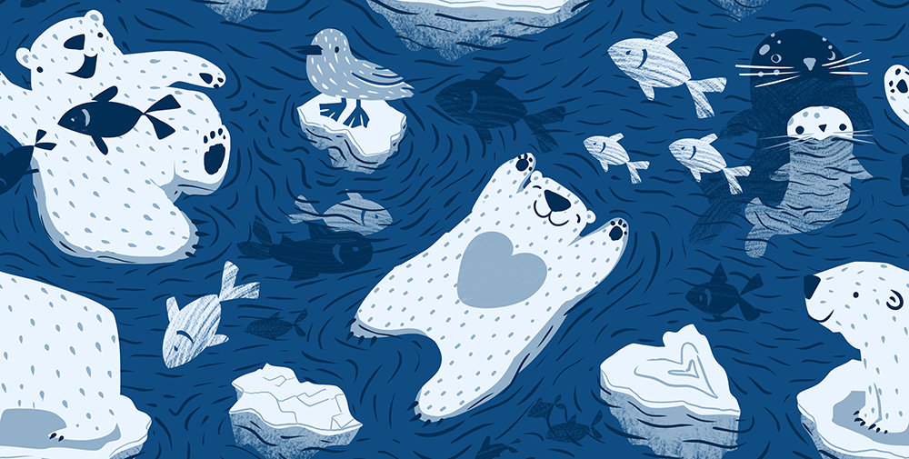 A close up of Daria's design Polar Bathing, which features happy smiling polar bears and seals and fish all swimming together in a blue sea. 