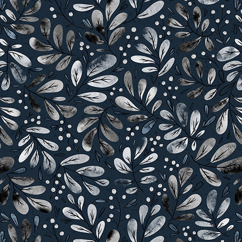 A close up of Daria's design Indigo Floral Snowberries, which has a navy background and small white flowers dotted all over.
