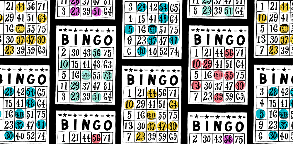 A close up of Kristin's design Bingo, which features Bingo cards with varying numbers dotted out with different colors on different cards. Some cards have yellow stamps, some have blue stamps, some have red stamps and some stamps are purple. 
