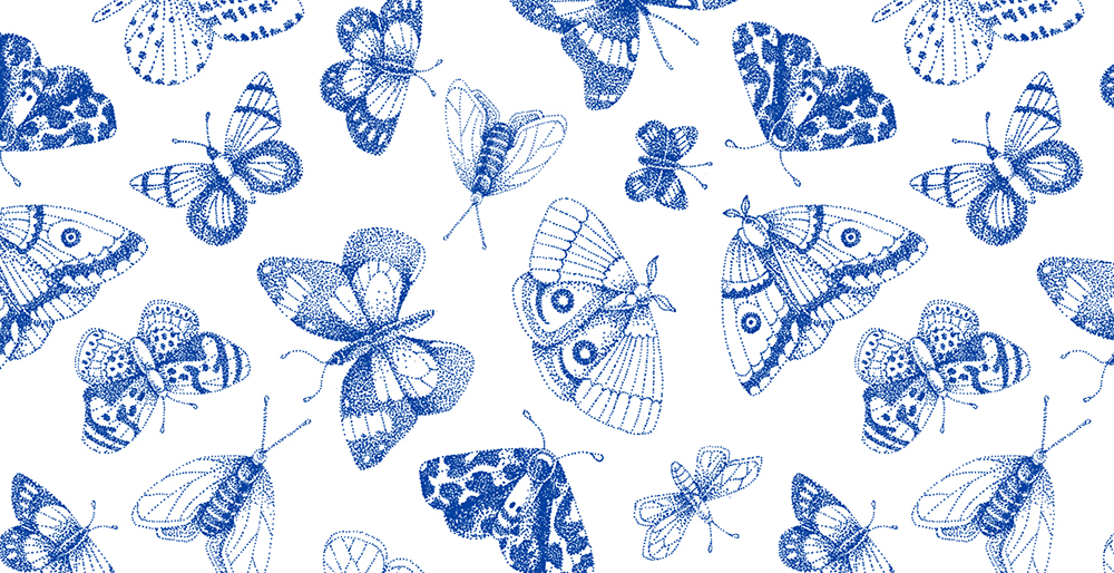 A close up of Marta's design Blue Dot Art Butterflies, which features butterflies of varying sizes, some are spotted, some have stripes, some have a leopard print, which has a white background and butterflies drawn in blue. 