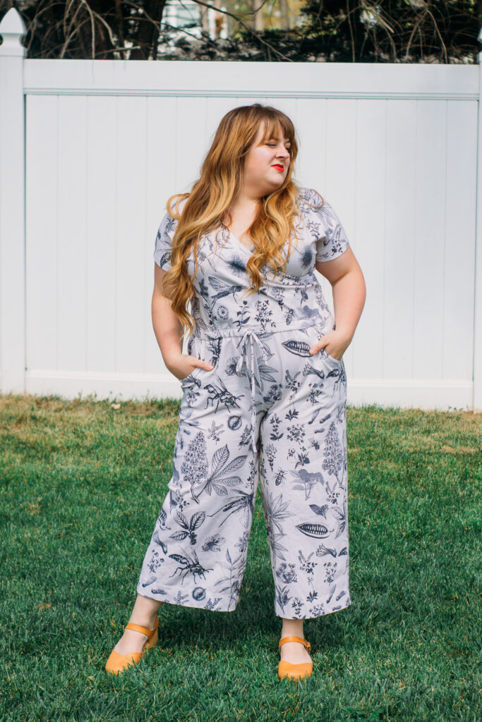 Lucy Jumpsuit by Seamwork, with a Helen Dress bodice in the design Insect Garden Retro by juliaschumacher, printed on Cotton Spandex Jersey | Spoonflower Blog 