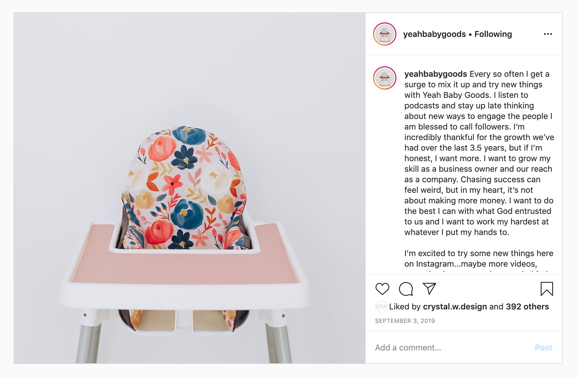 Yeah baby goods instagram post, floral high chair