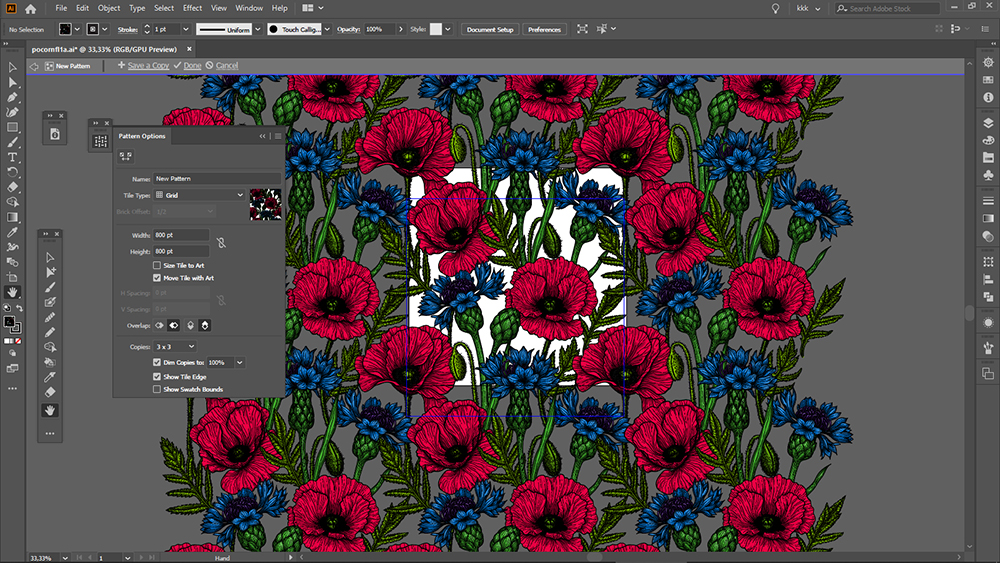 Katerina's design of red poppies and blue cornflowers spill across a Photoshop canvas 